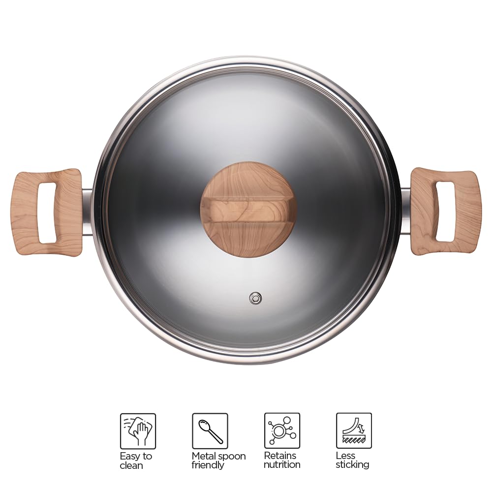 Timber Stainless Steel Triply Pot With Glass Lid 25cm, 5 Liters | Bhagona For Biryani, Pulao, Halwa, Curries - Wood Finished Handle | Induction & Gas Base Timber Stainless Steel Triply Pot With Glass Lid 25cm, 5 Liters | Bhagona For Biryani, Pulao, Halwa, Curries - Wood Finished Handle | Induction & Gas Base