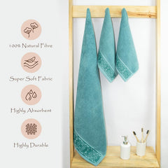 Rangoli 100% Cotton Fibre 2 Hand & 1 Bath Towel 1100 Gsm | Highly Durable & Absorbent Towel | Skin-Friendly & Quick Drying Luxury Towels (Blue) - Pack Of 3
