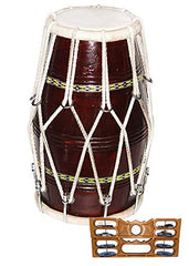 Wooden Nut & Rope Goat Skin Dholak With Khartal, Brown - Perfectly Symmetric Round Dholak | Dholak For Festival, Wedding, Satsang - Very Easy To Tune