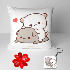 Peach & Goma Mochi Cat Pillow Cushion, Keychain With Card, White | Peach Goma Pillow, For Boyfriend, Valentines Gift For Girlfriend, Pillow For Couple, Washable Cover, Model No - 15