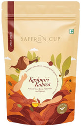 Saffron Cup Kashmiri Kahwa Green Tea - 100gm, 3.5 Ounce | Infused Green Tea With Cardamom, Rose Petals, Cinnamon & Almonds - 100% Natural, Rich In Antioxidants | Low Caffeine, Airtight Zip Lock Pouch