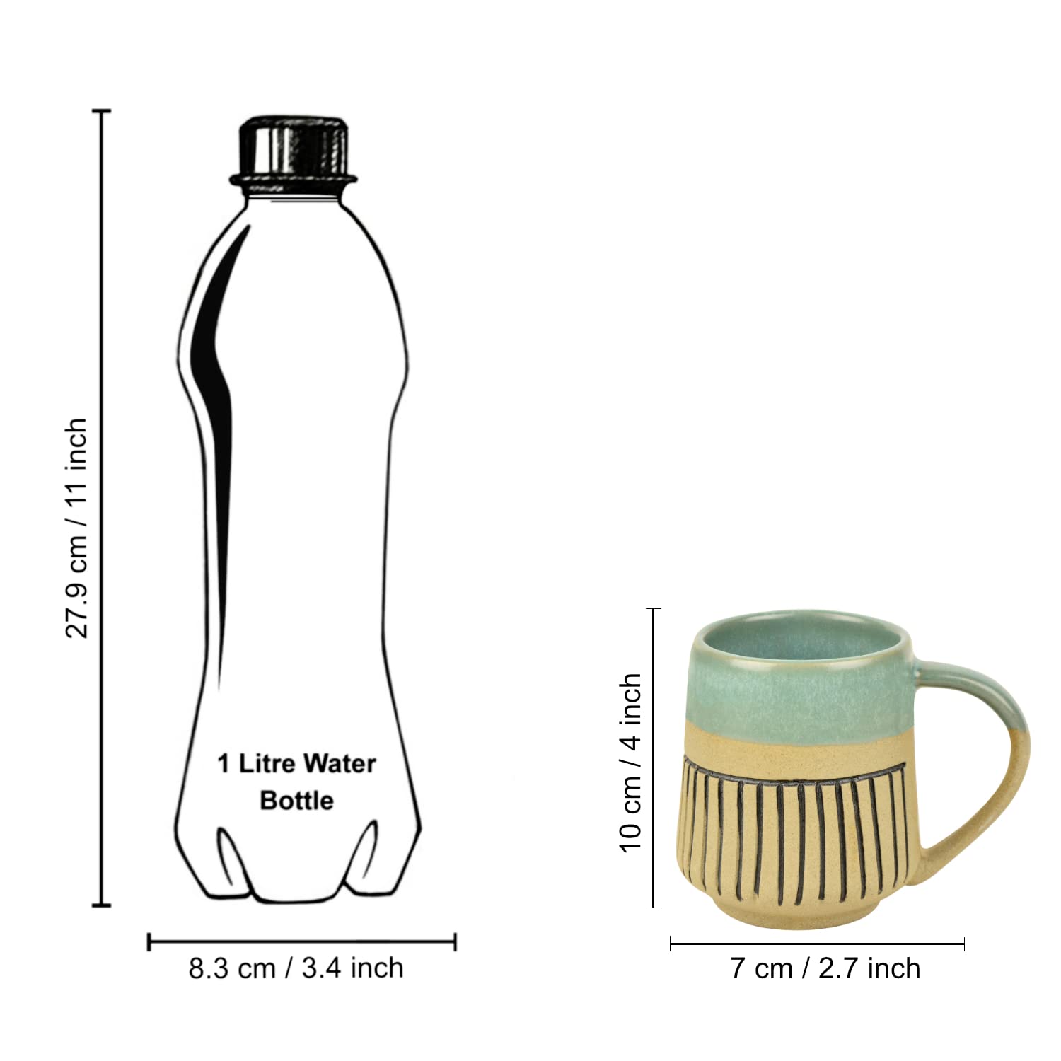Handcrafted Dual Finish Ceramic Striped Coffee Mugs Set Of 2 - 325ml Each, Turquoise | Milk Mugs - Tea Cups & Mugs Handcrafted Dual Finish Ceramic Striped Coffee Mugs Set Of 2 - 325ml Each, Turquoise | Milk Mugs - Tea Cups & Mugs