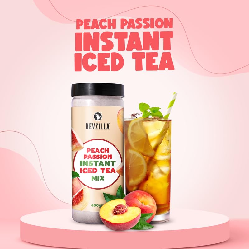 Bevzilla Peach Passion Instant Iced Tea Mix - 400gm, 14.1 Ounce | Quick Ready In 30 Seconds - Perfect Refreshing Summer Drink | Easy To Carry Anywhere - Low Caffeine Bevzilla Peach Passion Instant Iced Tea Mix - 400gm, 14.1 Ounce | Quick Ready In 30 Seconds - Perfect Refreshing Summer Drink | Easy To Carry Anywhere - Low Caffeine