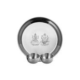 Stainless Steel Laxmi & Ganesh Ji Pooja Thali Set Of 3, Silver | 1 Pooja Thali+ 2 Katoris - Easy To Clean & Dishwasher Safe