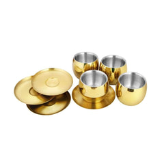 High Grade Stainless Steel Double Wall Cup & Saucer With Gold PVD Coating 4 Piece, Size - 6.7 Each, 100ml | 4 Double Wall Cups+ 4 Saucers