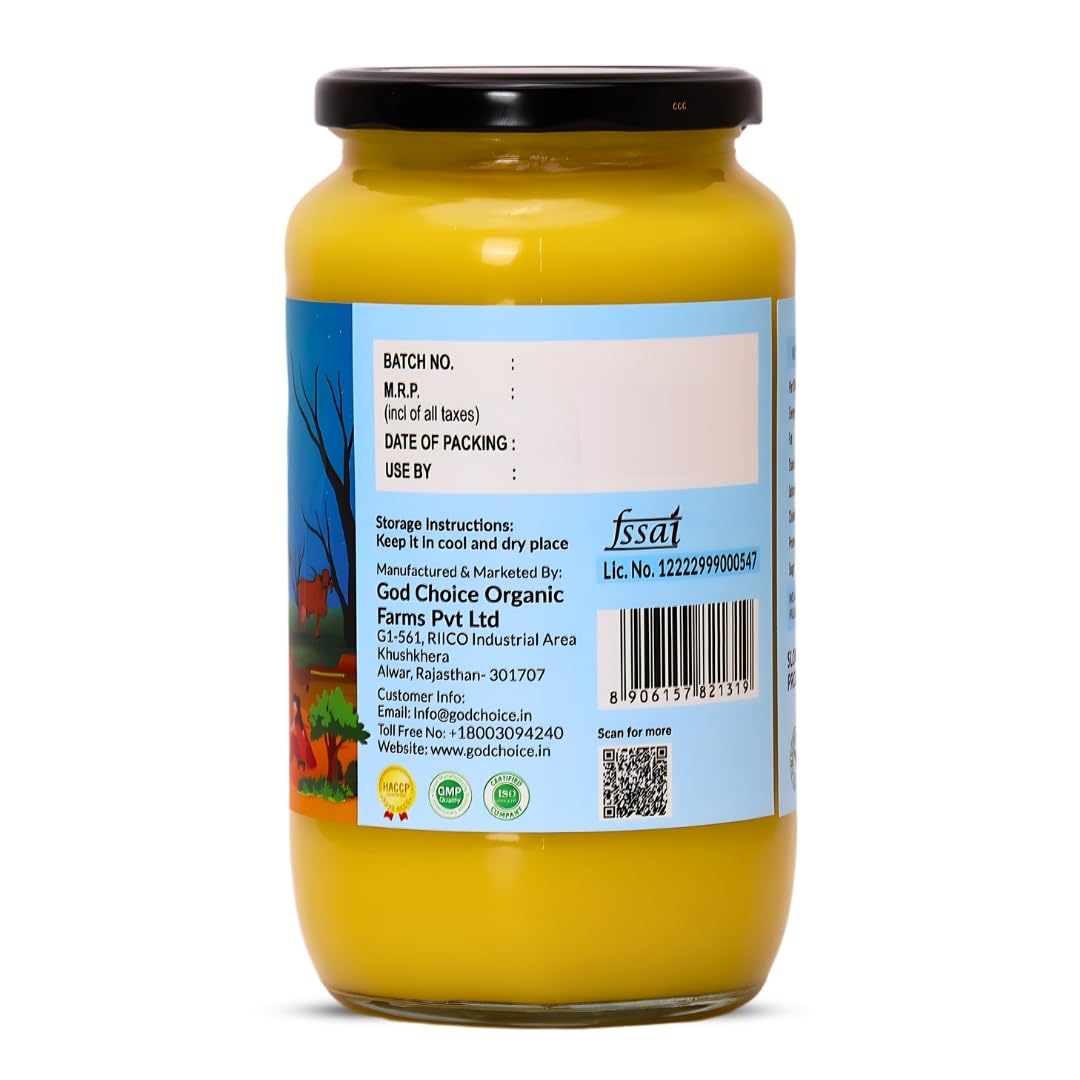 Premium Full Moon A2 Desi Cow Ghee By God Choice Organic Farms | High In Protein Fiber Healthy Desi Ghee For Bones Health | (1 Litr) 33.8 Ounce | Jar Pack Premium Full Moon A2 Desi Cow Ghee By God Choice Organic Farms | High In Protein Fiber Healthy Desi Ghee For Bones Health | (1 Litr) 33.8 Ounce | Jar Pack