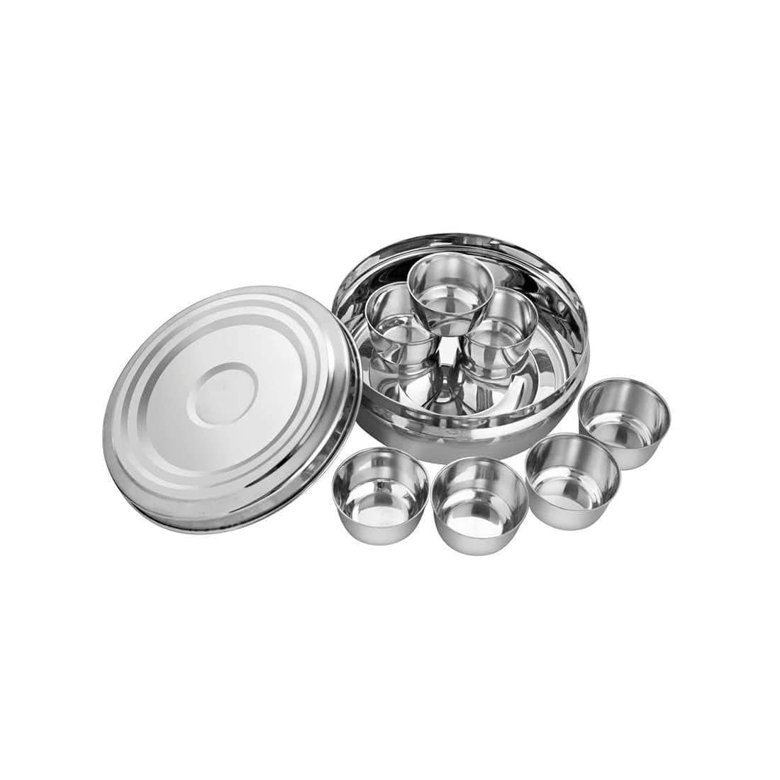 High Grade Stainless Steel Classic Spice Box With Stainless Steel Lid & 7 Containers, Silver | 7 Masala Bowls+ 1 Container+ 1 Lid High Grade Stainless Steel Classic Spice Box With Stainless Steel Lid & 7 Containers, Silver | 7 Masala Bowls+ 1 Container+ 1 Lid