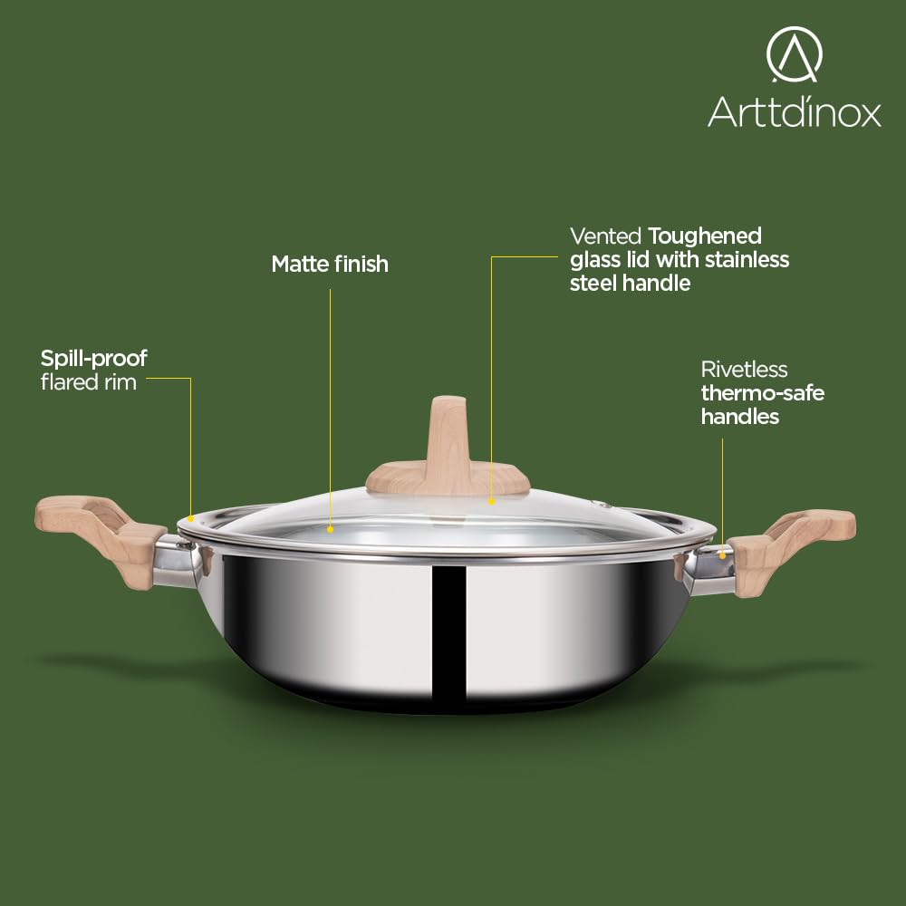 Timber Stainless Steel Triply Kadhai With Glass Lid - 24 Cm, 2.7 Liters | Wood Finished Handle - Gas & Induction Base Timber Stainless Steel Triply Kadhai With Glass Lid - 24 Cm, 2.7 Liters | Wood Finished Handle - Gas & Induction Base