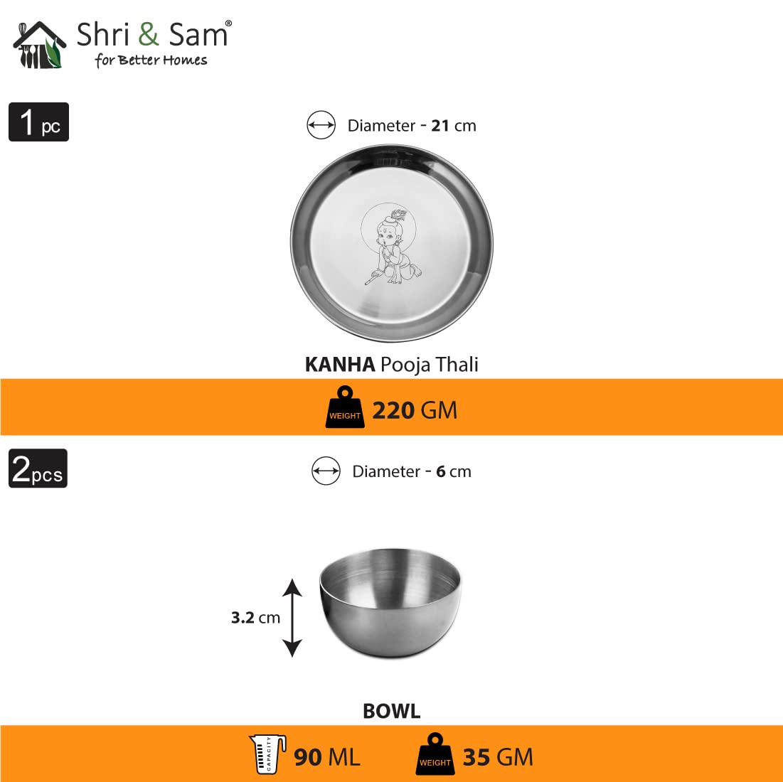 Stainless Steel Kanha Ji Pooja Thali Set Of 3, Silver | 1 Pooja Thali+ 2 Katoris - Easy To Clean & Dishwasher Safe Stainless Steel Kanha Ji Pooja Thali Set Of 3, Silver | 1 Pooja Thali+ 2 Katoris - Easy To Clean & Dishwasher Safe