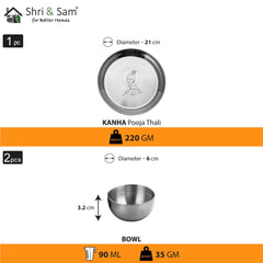 Stainless Steel Kanha Ji Pooja Thali Set Of 3, Silver | 1 Pooja Thali+ 2 Katoris - Easy To Clean & Dishwasher Safe