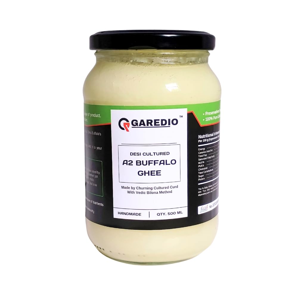 Pure A2 Buffalo Ghee By Garedio | Traditional Vedic Bilona Method Desi Cultured Ghee Good For Dishes | (500ml) 16.9 Ounce | Jar Pack