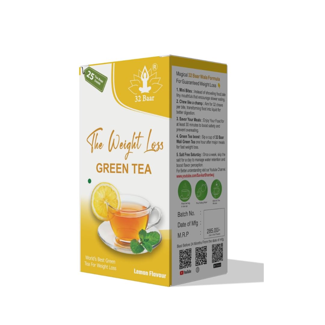 32 Baar The Weight Loss Lemon Flavour Green Tea - 25 Tea Bags | Perfect For Stress Relief & Immunity Boost - Relaxing & Refreshing | Caffeine Free 32 Baar The Weight Loss Lemon Flavour Green Tea - 25 Tea Bags | Perfect For Stress Relief & Immunity Boost - Relaxing & Refreshing | Caffeine Free