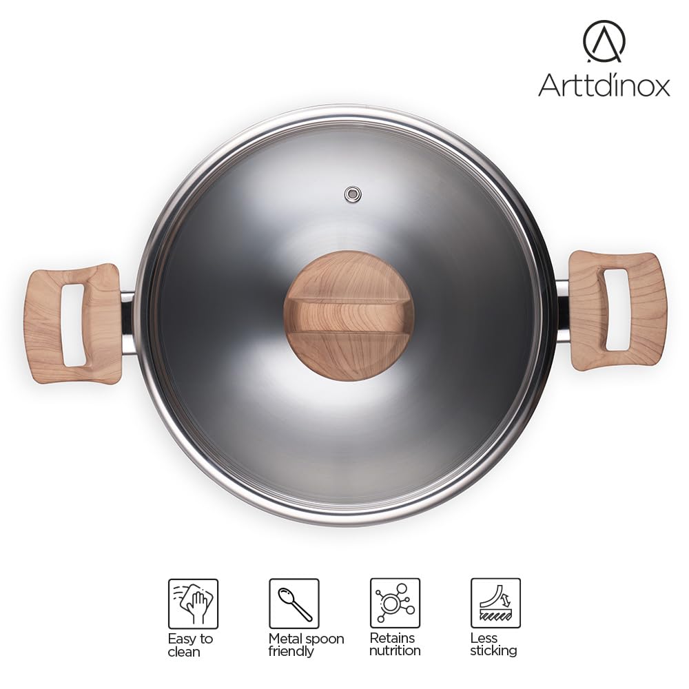 Timber Stainless Steel Triply Kadhai With Glass Lid - 26 Cm, 3.2 Liters | Wood Finished Handle - Gas & Induction Base Timber Stainless Steel Triply Kadhai With Glass Lid - 26 Cm, 3.2 Liters | Wood Finished Handle - Gas & Induction Base