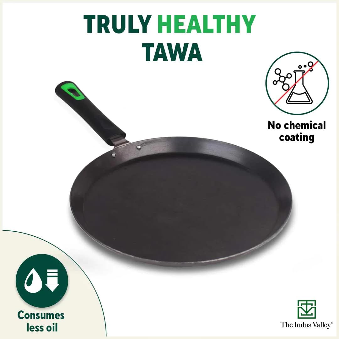 Pre-Seasoned Black Iron Tawa For Dosa, Chapathi With Bakelite Handle - 26cm, 10.2 Inch, 0.9 Kg | Induction Friendly, Pre-Seasoned Tawa, 100% Pure & Toxin-Free, No Chemical Coating Pre-Seasoned Black Iron Tawa For Dosa, Chapathi With Bakelite Handle - 26cm, 10.2 Inch, 0.9 Kg | Induction Friendly, Pre-Seasoned Tawa, 100% Pure & Toxin-Free, No Chemical Coating