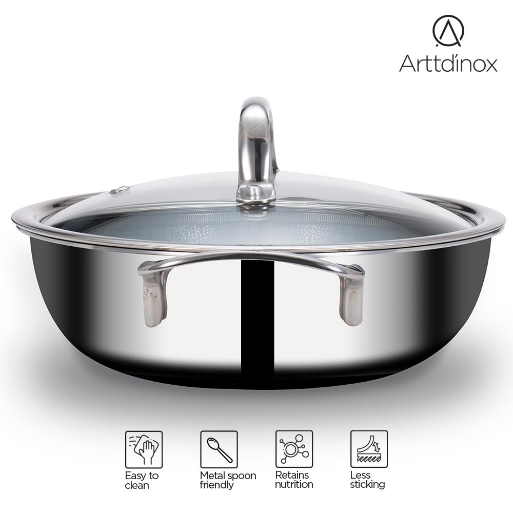 Stellar Stainless Steel Triply Kadhai With Lid - 24 Cm, 2.7 Liters | Etched Nonstick PTFE Kadai - Rivet Less Double Handles | Gas & Induction Base Stellar Stainless Steel Triply Kadhai With Lid - 24 Cm, 2.7 Liters | Etched Nonstick PTFE Kadai - Rivet Less Double Handles | Gas & Induction Base