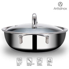 Stellar Stainless Steel Triply Kadhai With Lid - 24 Cm, 2.7 Liters | Etched Nonstick PTFE Kadai - Rivet Less Double Handles | Gas & Induction Base