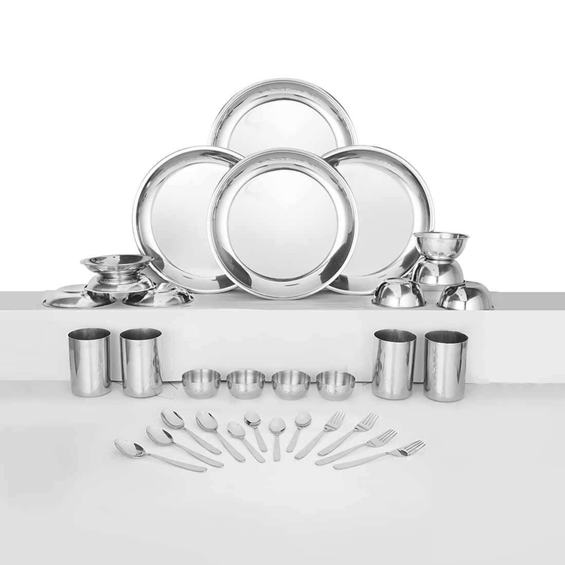 Stainless Steel Delight Solid Dinner Set Of 32 Pieces, Silver | 4 Dinner Plates+ 4 Glasses+ 4 Bowls+ 4 Chutney Bowls+ 4 Pudding Bowls+ 4 Dessert Spoons+ 4 Dessert Fork+ 4 Tea Spoons