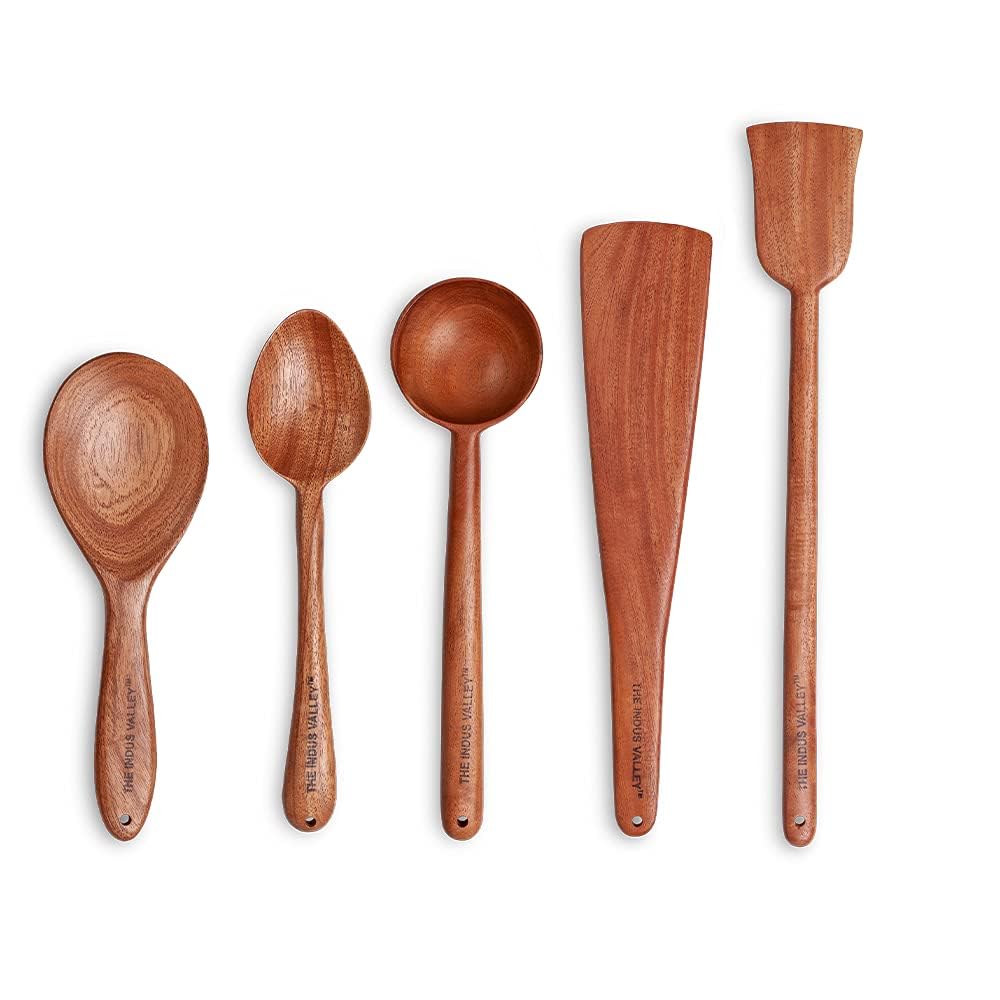 Brown Neem Wood Compact Flip, Spatula, Ladle For Cooking Dosa, Roti, Chapati | Kitchen Tools - No Harmful Polish, Naturally Non-Stick | Handmade Set Of 5