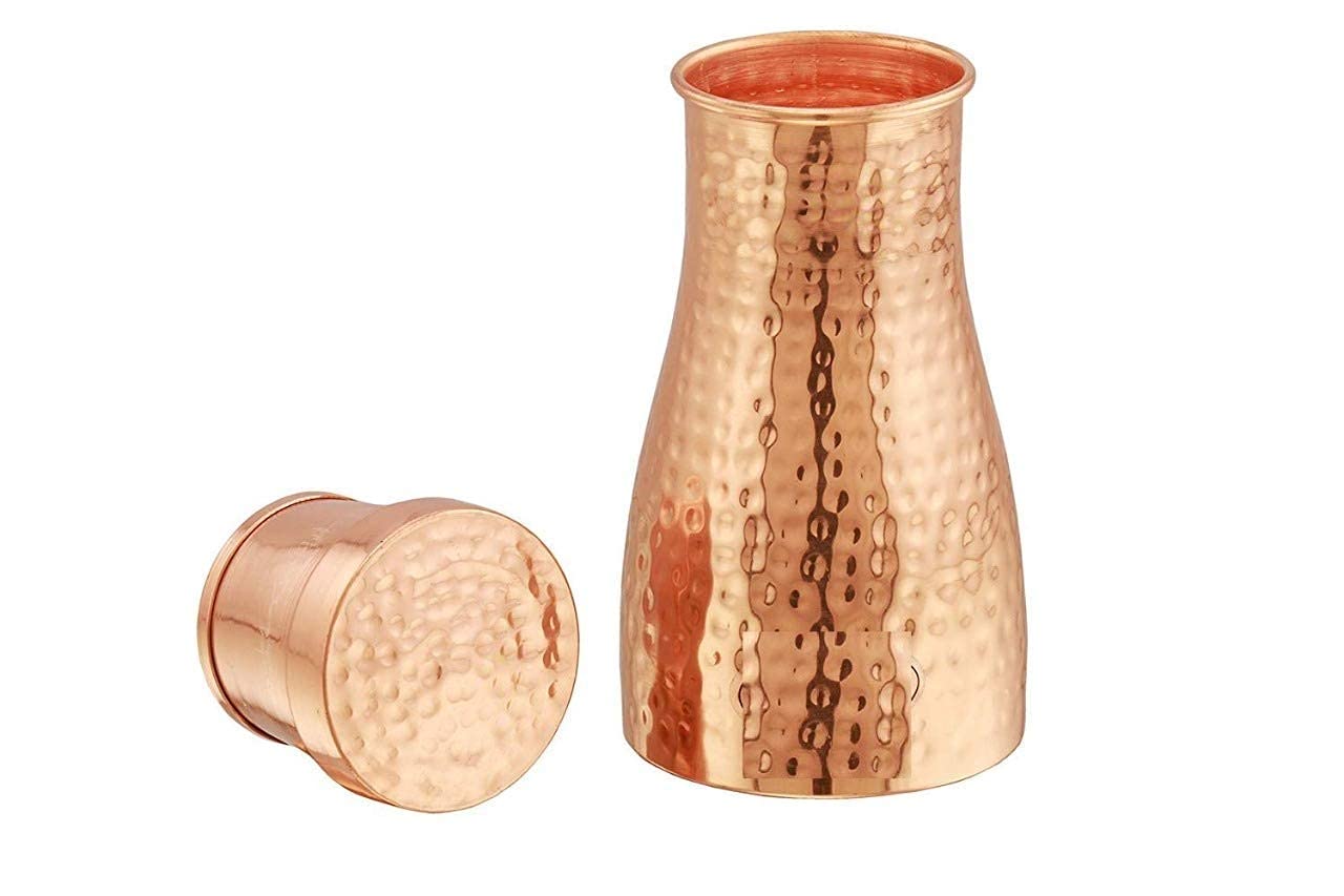 Pure Copper Bedroom Water Bottle - 1 Liter | Bedside Carafe - Bedroom Jar With Inbuilt Copper Glass - Vessel Pure Copper Bedroom Water Bottle - 1 Liter | Bedside Carafe - Bedroom Jar With Inbuilt Copper Glass - Vessel