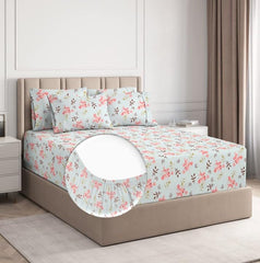 Cotton All Round Elastic Fitted Bedsheets For Double Bed With 2 King Size Pillow Covers | Size - 72 X 78 +10 Inches, Pink & Aqua | 220 TC Super Soft Wrinkle Free
