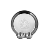 Stainless Steel Ganesh Pooja Thali Set Of 3, Silver | 1 Pooja Thali+ 2 Katoris - Easy To Clean & Dishwasher Safe