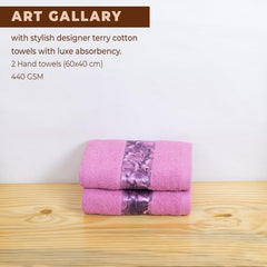 Rangoli 100% Cotton Fibre Hand Towels 440 Gsm | Highly Durable & Absorbent With Printed Border | Quick Drying Towels (Pink) - Pack Of 2
