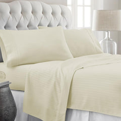 Striped Cotton Queen Size Fitted Bedsheet With 2 Pillow Covers - 60 X 80 + 12 Inches, Ivory | Soft & Durable | Perfect For All Seasons, Especially Summer