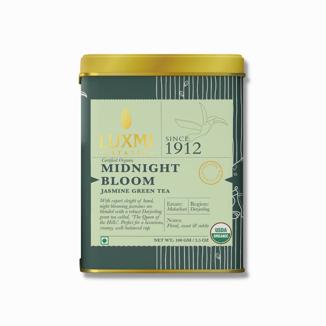 Luxmi Estates Midnight Bloom Jasmine Green Tea Pack Of 2 - 100gm, 3.5 Ounce, 50 Cups In Each | USDA Certified Organic Tea - Low Caffeine Green Tea | Additives Free Darjeeling Green Tea Luxmi Estates Midnight Bloom Jasmine Green Tea Pack Of 2 - 100gm, 3.5 Ounce, 50 Cups In Each | USDA Certified Organic Tea - Low Caffeine Green Tea | Additives Free Darjeeling Green Tea