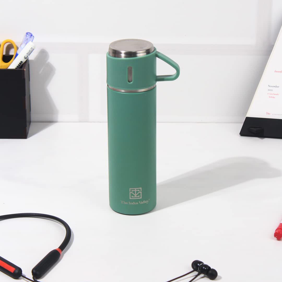 Stainless Steel Vacuum Insulated Flask With Drinking Mug - Green, 500ml | Double Walled, Hot & Cold Temperature, Leak Proof, BPA-Free Stainless Steel Vacuum Insulated Flask With Drinking Mug - Green, 500ml | Double Walled, Hot & Cold Temperature, Leak Proof, BPA-Free
