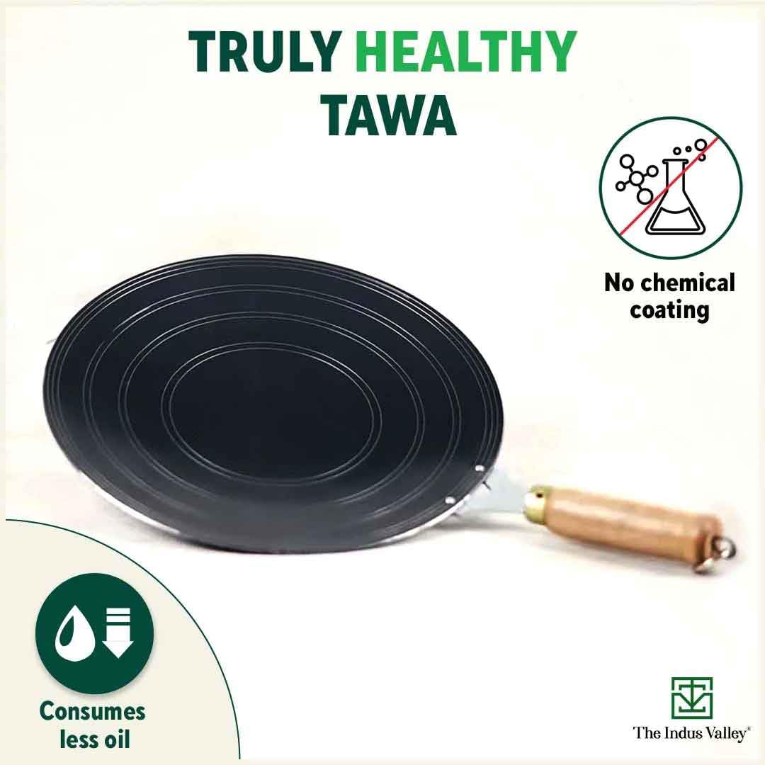 Pre-Seasoned Black Iron Tawa For Dosa, Chapathi With Wooden Handle - 27cm, 10.6 Inch, 0.95 Kg | Gas Stove Friendly, 100% Pure & Toxin-Free, No Chemical Coating Pre-Seasoned Black Iron Tawa For Dosa, Chapathi With Wooden Handle - 27cm, 10.6 Inch, 0.95 Kg | Gas Stove Friendly, 100% Pure & Toxin-Free, No Chemical Coating