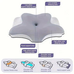 Cervical Butterfly Pillow, Orthopedic Memory Foam For Neck & Shoulder Pain, White & Light Grey | Ergonomic Contour Design | Dual Height Support | Side Sleeper Pillow With Arm Rest