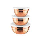 Fresco Copper Coating Hammered Shape 3 Pcs Canisters Set With Plastic Lid For Dry Foods | Size : 14cm - 850ml, 16cm - 1150ml, 18cm - 1550ml | Air Tight Storage Container Bowls Set