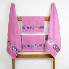 Rangoli 100% Cotton Fibre 2 Hand & 2 Bath Towels 1400 Gsm | Highly Durable & Absorbent With Printed Border | Quick Drying Towels (Pink) - Pack Of 4