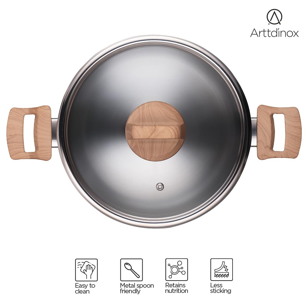 Timber Stainless Steel Triply Pot With Glass Lid 20cm, 3 Liters | Bhagona For Biryani, Pulao, Halwa, Curries - Wood Finished Handle | Induction & Gas Base Timber Stainless Steel Triply Pot With Glass Lid 20cm, 3 Liters | Bhagona For Biryani, Pulao, Halwa, Curries - Wood Finished Handle | Induction & Gas Base