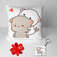 Foam Peach & Goma Mochi Cat Pillow Cushion, Keychain With Card, White | Peach Goma Pillow, For Boyfriend, Valentines Gift For Girlfriend, Valentine Pillow For Couple, Model No - Combo 10