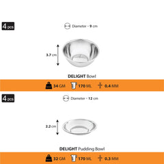 Stainless Steel Delight Solid Dinner Set Of 24 Pieces, Silver | 4 Dinner Plates+ 4 Side Plates+ 4 Glasses+ 4 Bowls+ 4 Pudding Bowls+ 4 Dessert Spoon