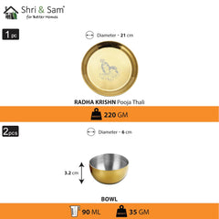 Stainless Steel Radha Krishna Pooja Thali Set Of 3, Gold PVD Coating | 1 Pooja Thali+ 2 Katoris - Easy To Clean & Dishwasher Safe