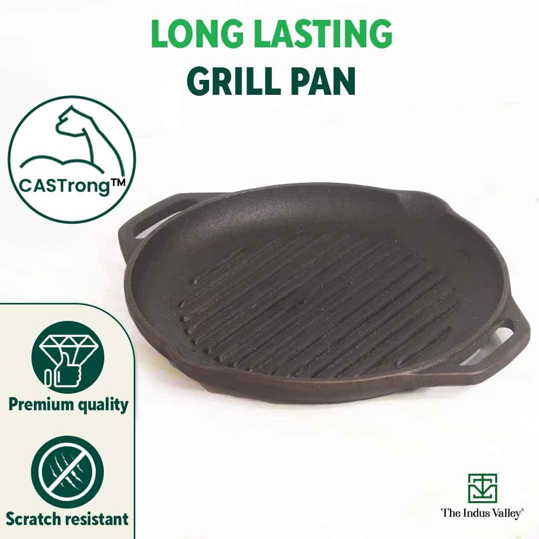 Pre-Seasoned Black Cast Iron Round Grill Pan With Double Handle - Medium, 26.7 Cm, 10.5 Inch, 0.6 Liters, 2.1 Kg | Induction Friendly, 100% Pure & Toxin-Free, No Chemical Coating Pre-Seasoned Black Cast Iron Round Grill Pan With Double Handle - Medium, 26.7 Cm, 10.5 Inch, 0.6 Liters, 2.1 Kg | Induction Friendly, 100% Pure & Toxin-Free, No Chemical Coating