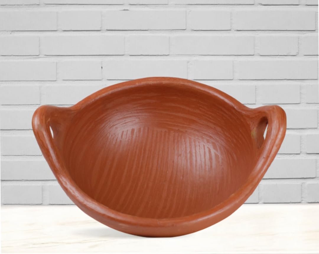 Deep Burned Uncoated Clay Pot + Kadai + Handi With Handle Combo With 2 Wooden Spatulas Complimentary Pack Of 3 - Red, 1+2+3 Liters | Pre-Seasoned Mud Pot - Unglazed, Double Fired, Hand Crafted Deep Burned Uncoated Clay Pot + Kadai + Handi With Handle Combo With 2 Wooden Spatulas Complimentary Pack Of 3 - Red, 1+2+3 Liters | Pre-Seasoned Mud Pot - Unglazed, Double Fired, Hand Crafted