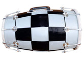 Indian Musical Instrument Check Design Bolt Fitting Wooden Dholak - Black & White | Perfectly Symmetric Round Dholak Nickel Plated Bolts & Nuts - Mini Dholak For Festival, Wedding, Satsang