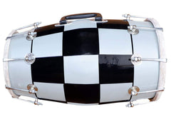 Indian Musical Instrument Check Design Bolt Fitting Wooden Dholak - Black & White | Perfectly Symmetric Round Dholak Nickel Plated Bolts & Nuts - Mini Dholak For Festival, Wedding, Satsang