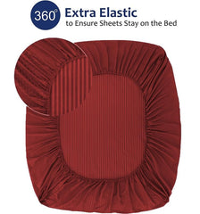 Striped Double Bedsheet With 2 Pillow Cover - 72 X 78 X 6 Inches, Maroon | All Around Elastic Fitted Bedsheet | Super Soft Polycotton With 200 Thread Count