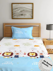 Kids 1 Single Bedsheet With 1 Pillow Covers - 42 X 75 X 8 Inches, White & Sky Blue | Cotton Feel All Around Elastic Fitted Bedsheet - Suitable For Children Room Breathable & Wrinkle Free