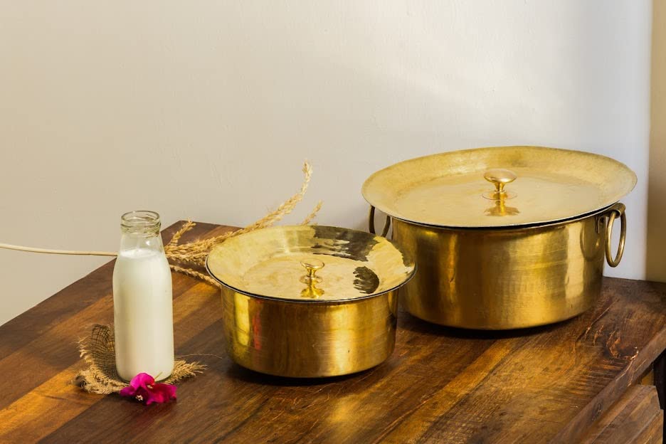 Handcrafted Brass Patila For Cooking, 5 Liters | 100% Pure Brass Round Heavy Bottom | Tapeli - Patila - Bhagona | Golden Brass Handi - Hammered, Polished Cooking Handi Handcrafted Brass Patila For Cooking, 5 Liters | 100% Pure Brass Round Heavy Bottom | Tapeli - Patila - Bhagona | Golden Brass Handi - Hammered, Polished Cooking Handi