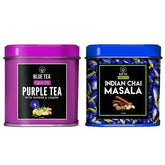 Blue Tea Combo Pack Of 2 X 50gm, 1.7 Ounce Each, 100 Cups - Purple Tea With Ginger & Lemon + Indian Masala Chai | Antioxidant Rich - Caffeine Free, Gluten Free, Non GMO | Tin Packaging
