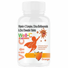 Well- C Vitamin C Tablets Immunity Booster For Kids And Zinc Supplements For Growth Strength Strong Bones Sugar Free | Orange Flavor, 60 Chewable Tablets , 100gm 0.2lbs