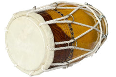 Handmade Bhajan Kirtan Sheesham Wood Dholak With Yellow Glassy Glass Transparent Polish - Yellow | Wild Goat Skin Made Ring Fitting By Nut Bolt & Rope