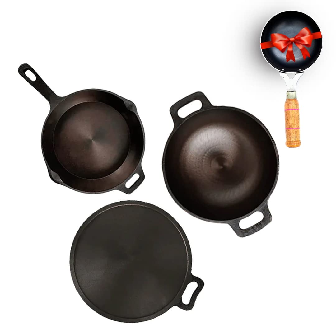Super Smooth Cast Iron Cookware Set + Free Iron Tadka Pan 400ml | Tawa 28cm + Kadai 25.4cm, 2.5 Liters + Fry Pan 24.6cm, 1.7 Liters - Pack Of 4 | Naturally Nonstick, 100% Pure & Toxin-Free