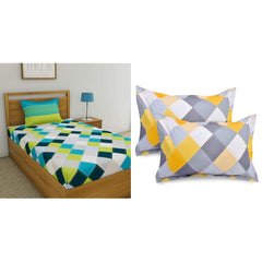 Cotton Single Bedsheet With 1 Pillow Cover + Pillowcase Set (2 Pcs) | 55 X 88 Inches, Blue & Green | Breathable & Wrinkle Free Bedsheet