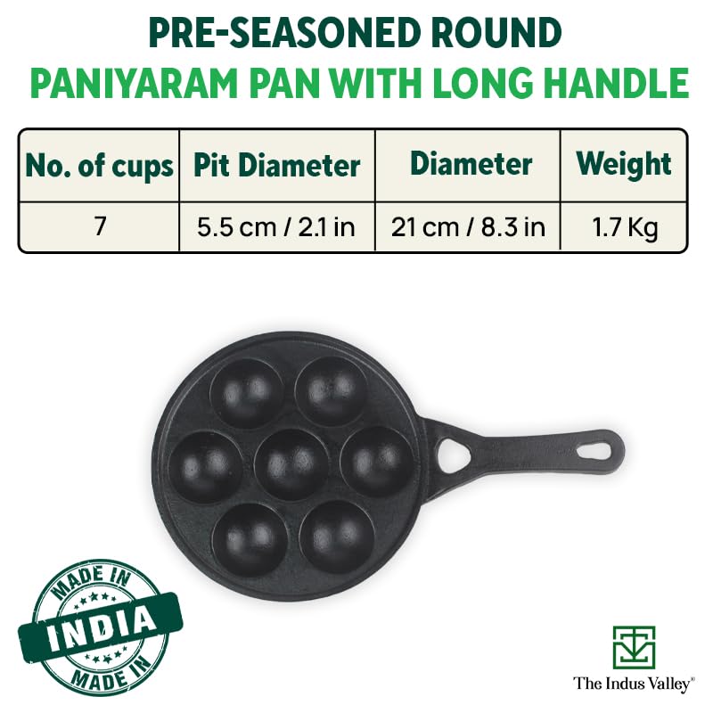 Super Smooth Black Cast Iron Paniyaram Pan With Long Handle & Glass Lid - 7 Pit, 21cm, 8.3 Inch, 1.9 Kg | Gas Compatible, Pre-Seasoned, 100% Toxin-Free, Naturally Nonstick Super Smooth Black Cast Iron Paniyaram Pan With Long Handle & Glass Lid - 7 Pit, 21cm, 8.3 Inch, 1.9 Kg | Gas Compatible, Pre-Seasoned, 100% Toxin-Free, Naturally Nonstick